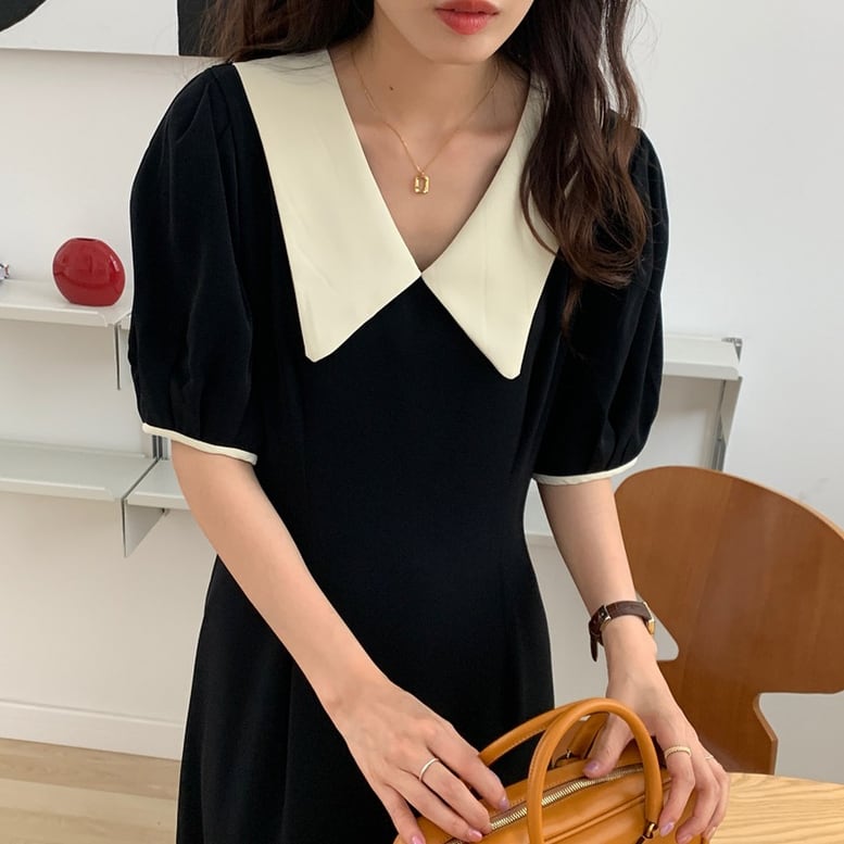 ロングワンピース 半袖 パフスリーブ ミモレ丈 全2色 韓国 b4228 ビッグカラーロングワンピース】2色 半袖 パフスリーブ ミモレ丈