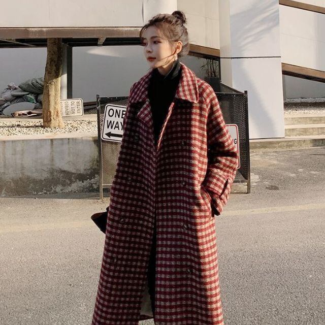 【予約販売】チェック コート ロング丈 襟 ビックシルエット ウールコート レディース 秋冬 アウター S/M/L/XL/2XL