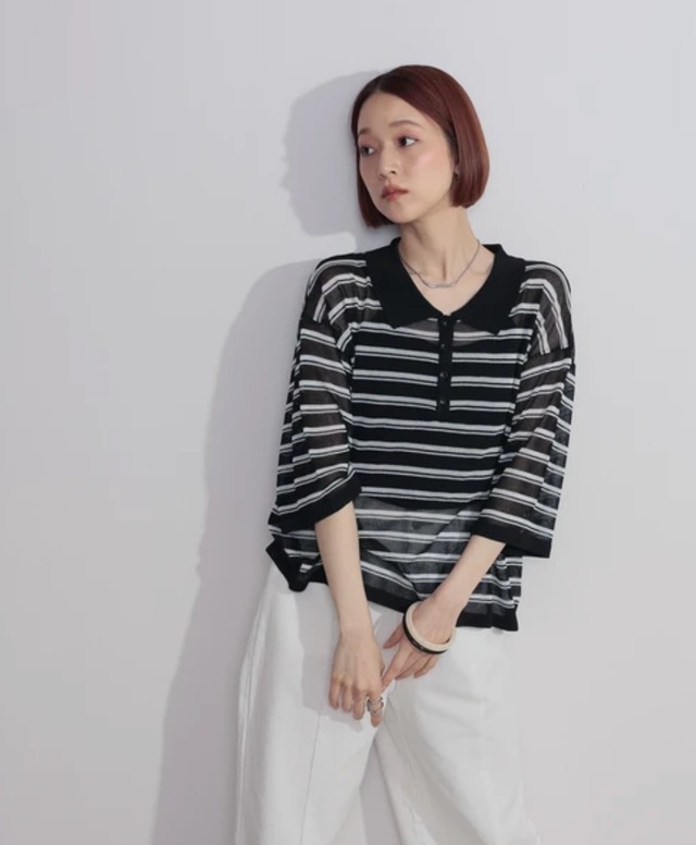 ナンバーミーTOKYO" SHEER  BORDER POLO  KNIT" BLACK