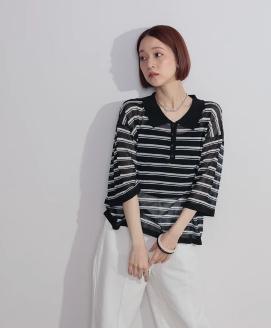 ナンバーミーTOKYO" SHEER BORDER POLO KNIT" BLACK