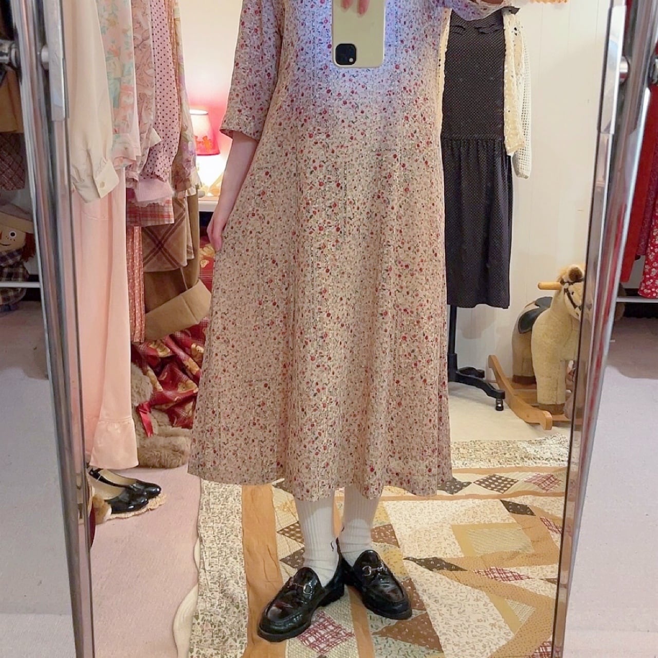 flower dot line slit cuff one-piece