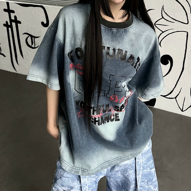グラデーションウォッシュレタープリントデニムTシャツ 1col R02535