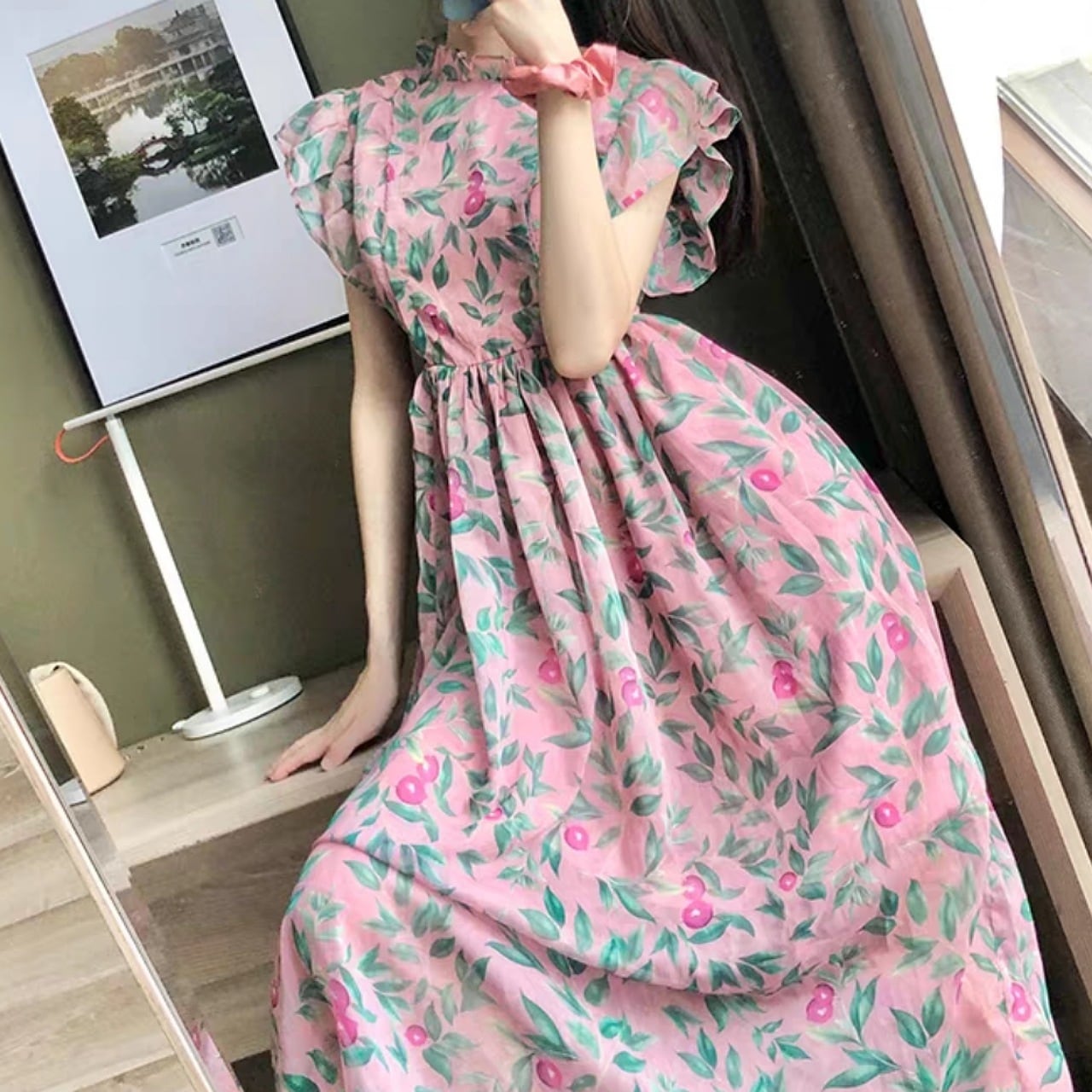 【S-XL】ボタニカルピンクワンピース