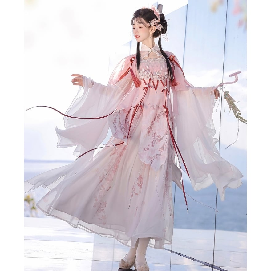 桃霞の花灯り 流麗ケープと姫袖の中華ロリータロングドレス3点セット