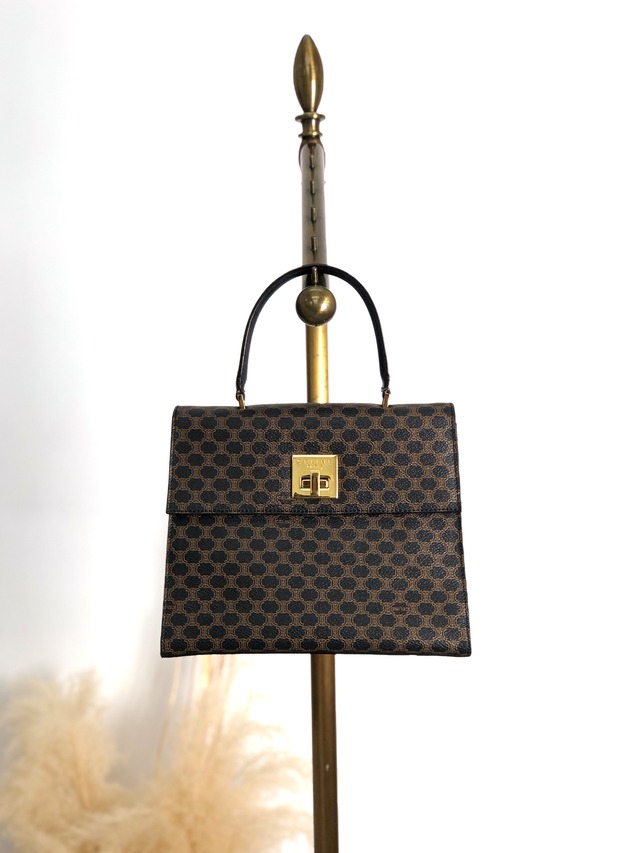 CELINE セリーヌ マカダム ハンドバッグ ブラック ターンロック PVC レザー vintage ヴィンテージ オールド 75x5vx