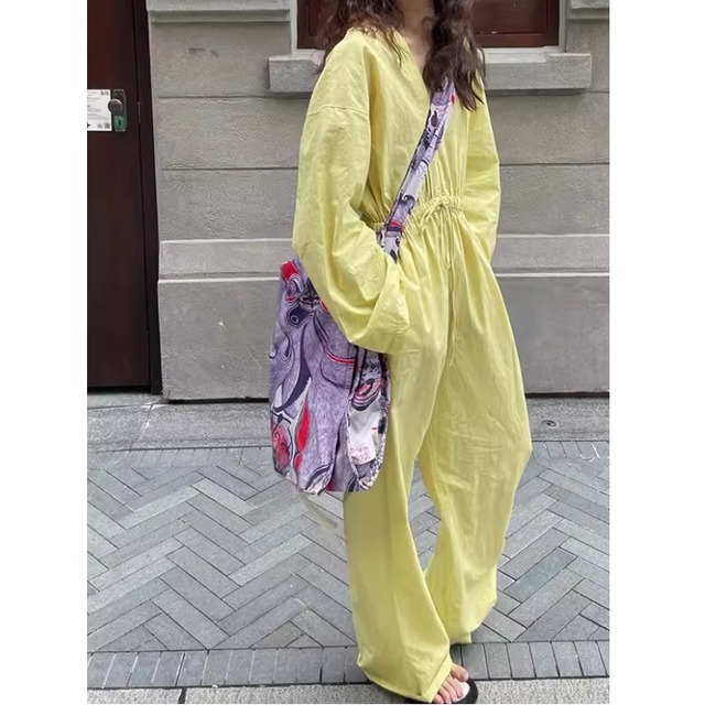 goose yellow v-neck jumpsuit　＜tp1009992＞
