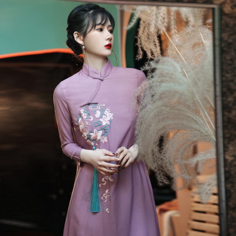 Ruyunシリーズ チャイナドレス チャイナ風ワンピース エレガント 刺繍 普段着 結婚式 緑 紫色 Elegant