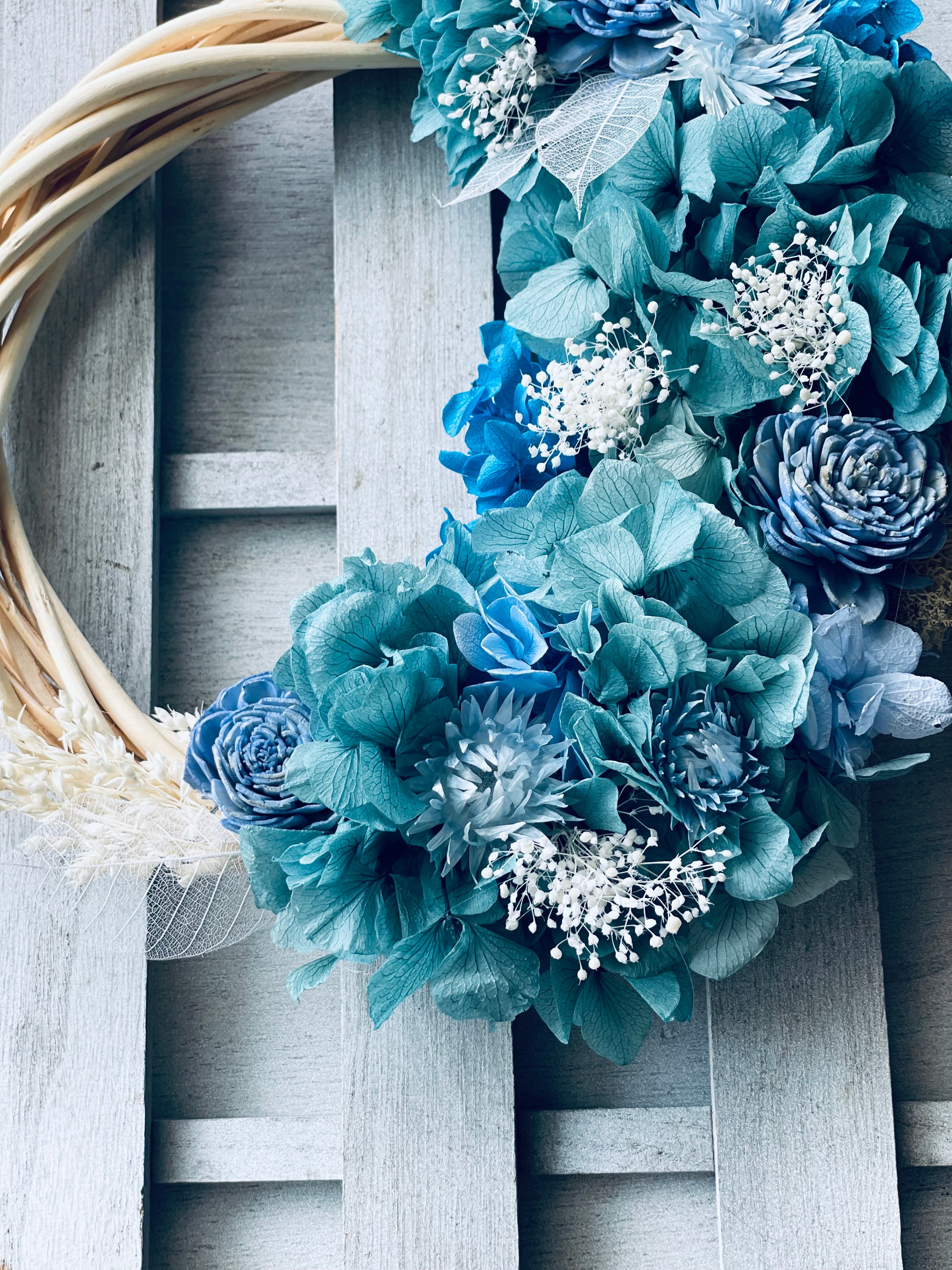 3種類のブルーカラー紫陽花リース 結婚祝い 開店祝い 退職祝い 新築