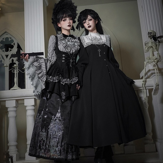 サブカル系 ダークゴシック ワンピース 黒 白 付け襟 ロングドレス 鍵チャーム 4点 セット ロリィタ PUJI