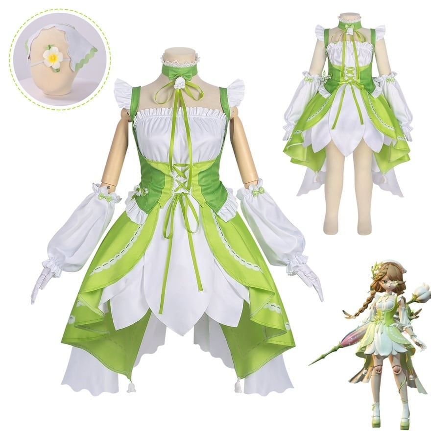 COS系 アイドルステージ衣装 緑白ワンピース 小物付き8点セット