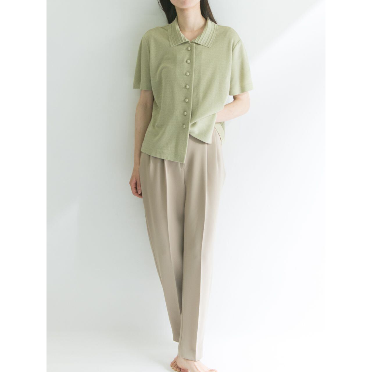 【Made in France】Open collar h/s jersey knit blouse（フランス製 オープンカラー半袖ニットジャージブラウス シャツ）4d