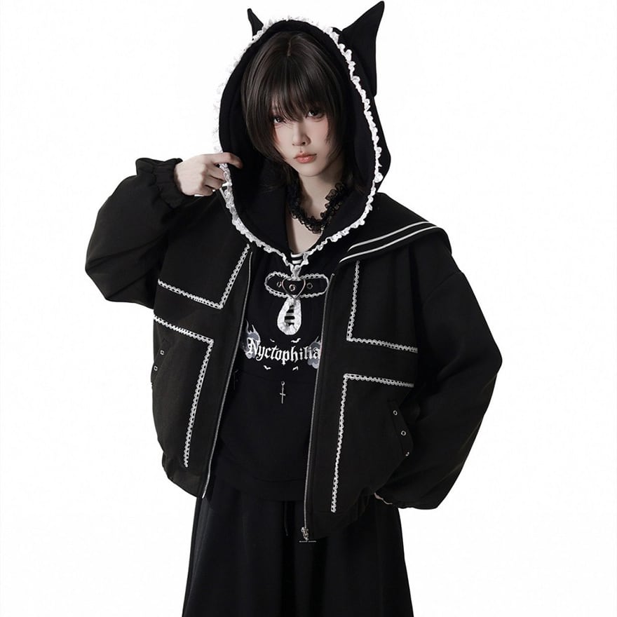 猫耳/十字架】地雷系 サブカル パーカー ジャケット｜黒 フリル レース