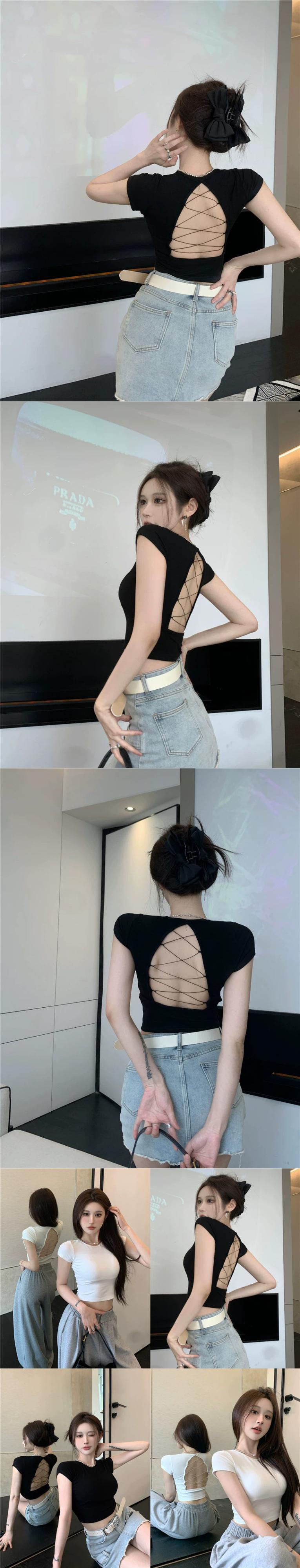 白い背中の開いた半袖Tシャツ女性の夏甘い小さな背中中空 白い背中の開いた半袖Tシャツ女性の夏甘い小さな背中中空