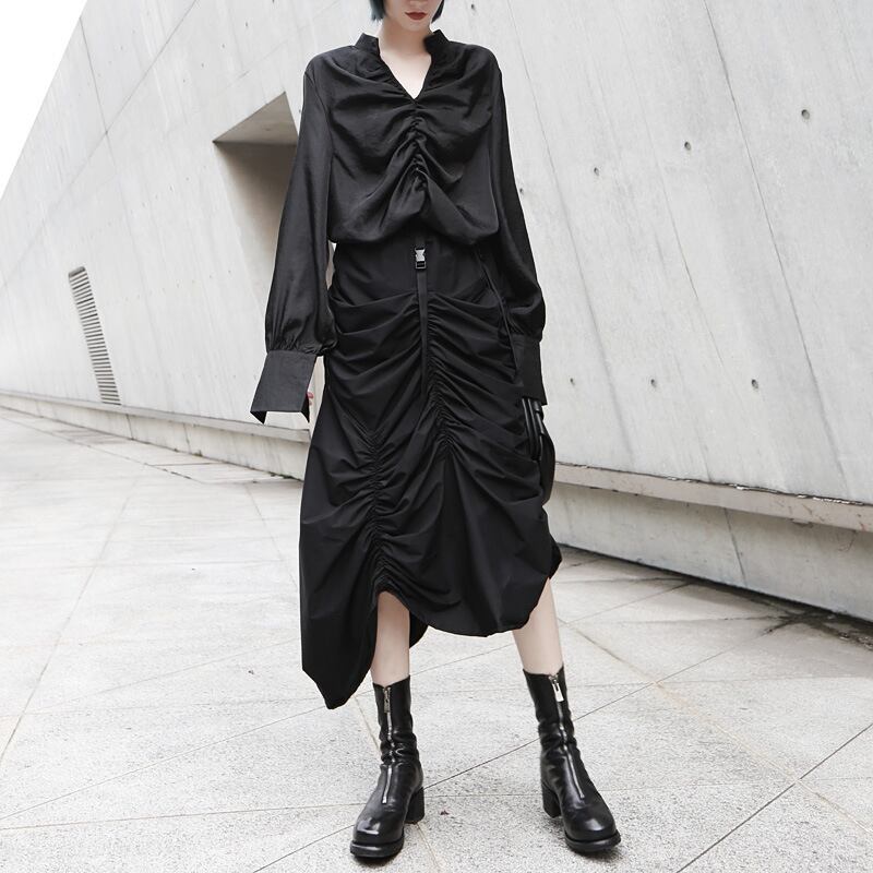 春服 レディース モード系 モノトーン スカート ギャザー シャーリング 変形 デザイン おしゃれ 大人可愛い オルチャン 10代 代 サブカル系専門店 Ladies Fashion Seasonz