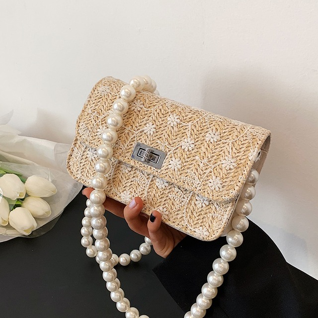 サマーパールチェーン シングル 夏物 ストローバッグ 真珠 スクウェア メッセンジャーバッグ Tiancai_Wing_Bag60535081878