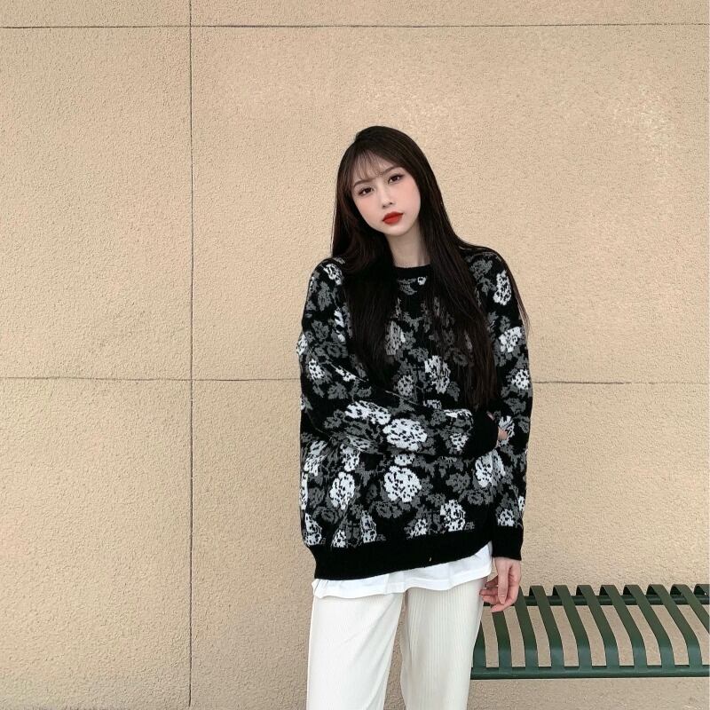 セーター レディースウィンタールーズブラックスタイルFlowerデザイン プルオーバー トップス 冬物 フラワーデザイン ブラックストロベリース67071445648