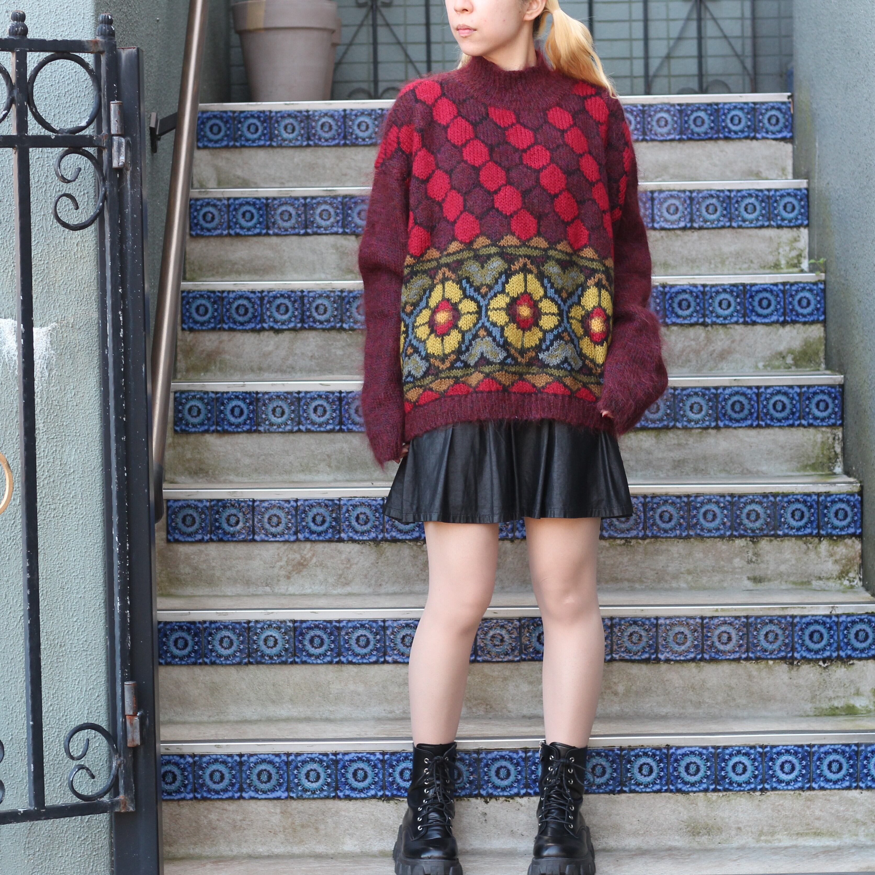 USA VINTAGE STAINED GLASS DESIGN MOHAIR KNIT/アメリカ古着ステンド