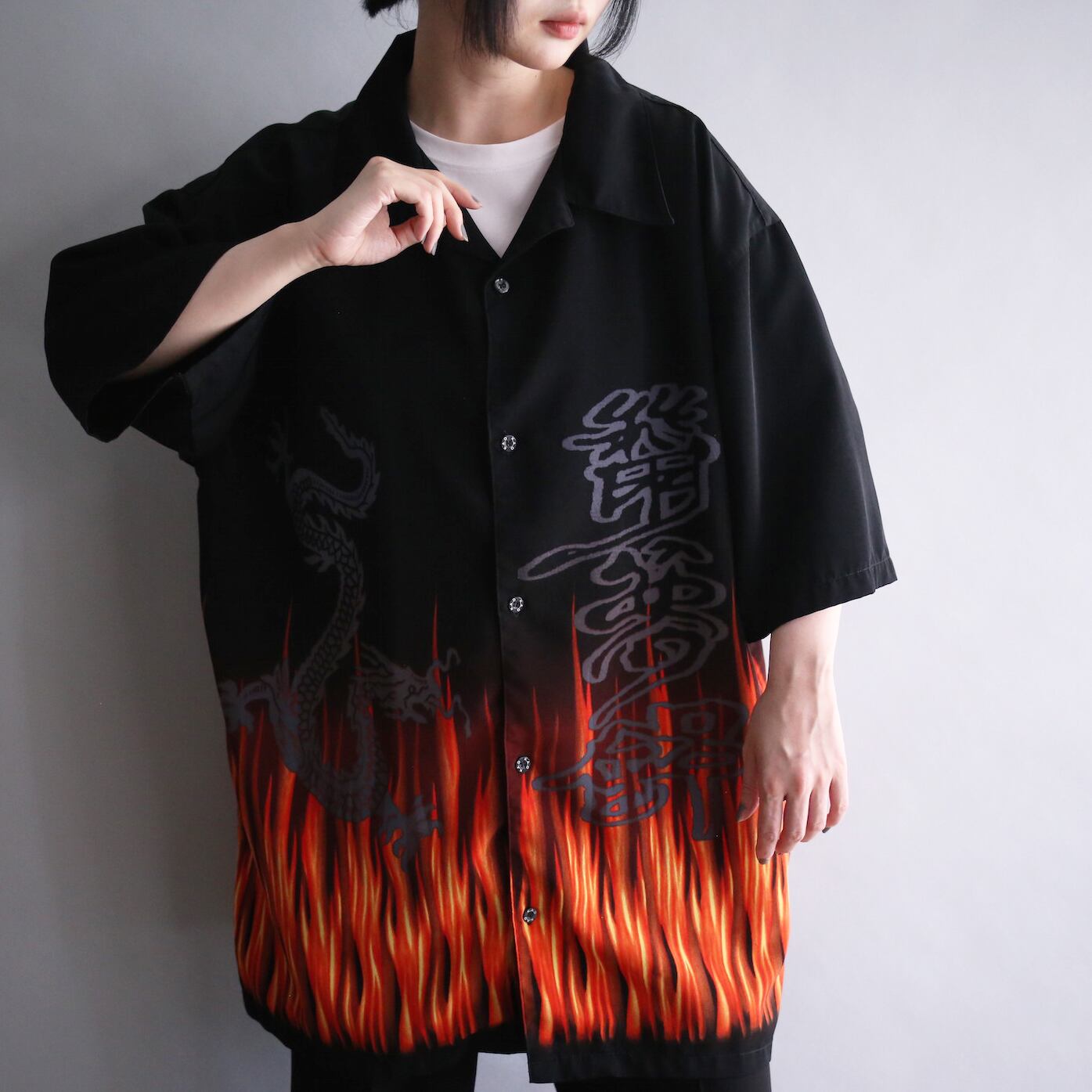 "龍×漢字" fire pattern over size h/s shirt