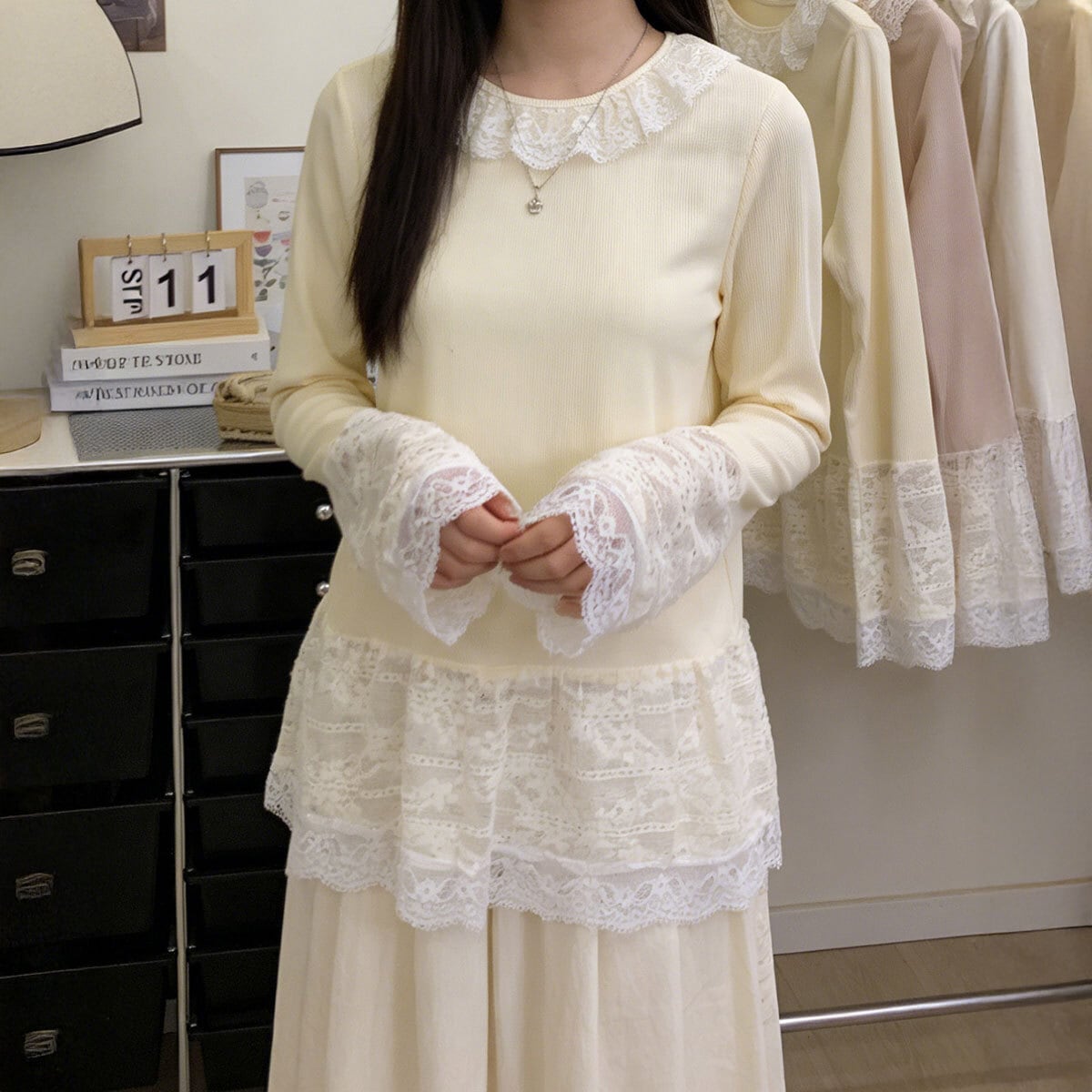 レース切り替え 長袖 Tシャツ トップス レディース 春夏秋 韓国 きれいめ 大人 かわいい 重ね着風 レイヤード カットソー カジュアル 透け感 裾レース 袖レース 大人可愛い 大人女子