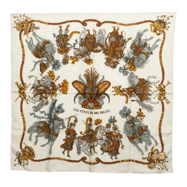 エルメス カレ90 LES FETES DU ROI SOLEIL 太陽王の祝典 スカーフ ホワイト マルチカラー シルク レディース HERMES 【中古】