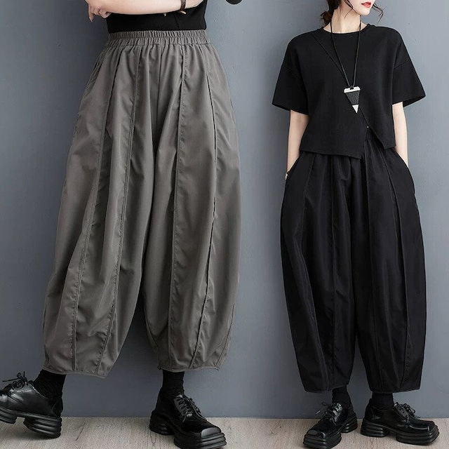 SOLID ELASTIC WAIST WIDE LEG CROPPED BALLOON PANTS 2colors M-16496