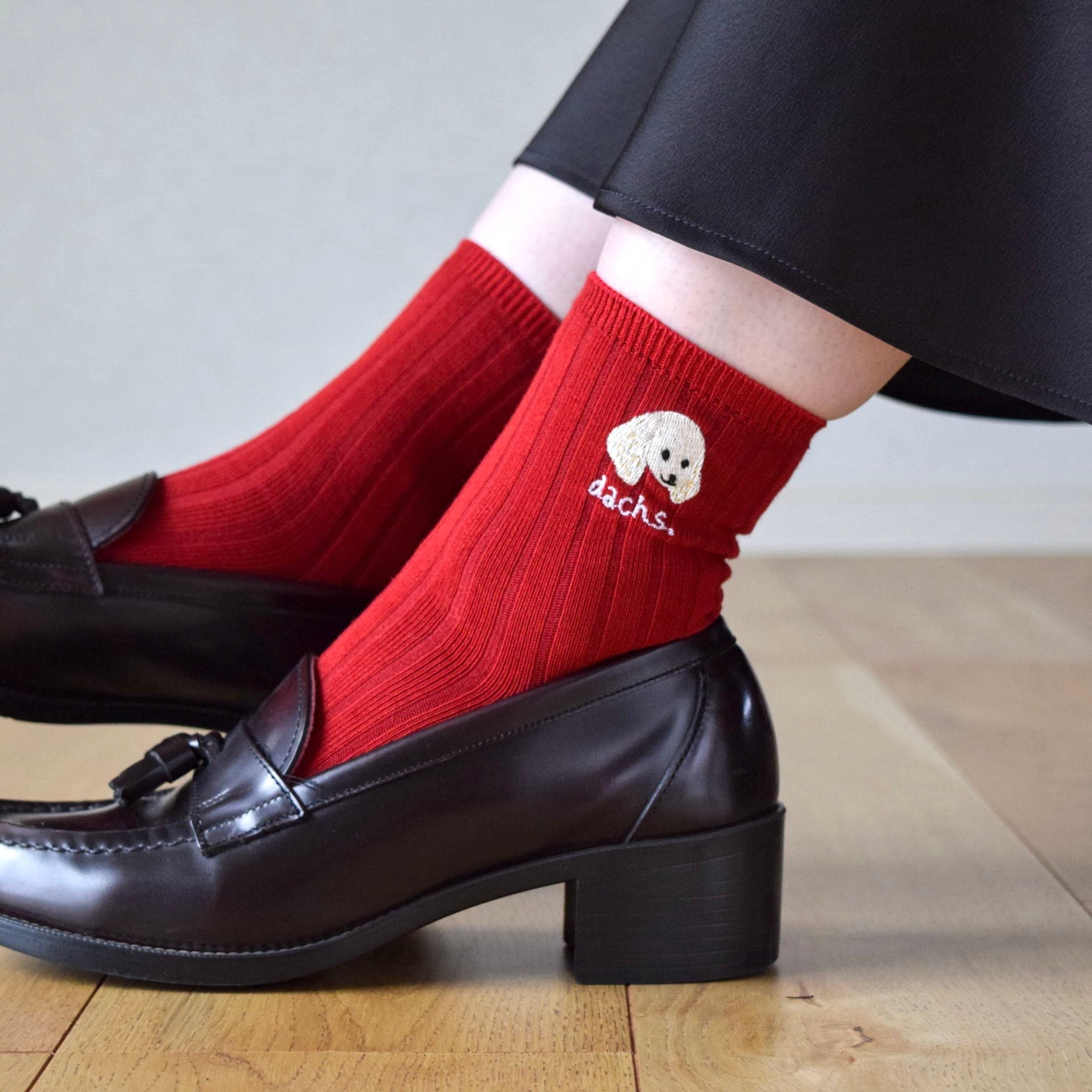 選べる犬74種!レディース刺繍ソックス【レッド】靴下 クリスマス 記念日 誕生日 うちの子 母の日