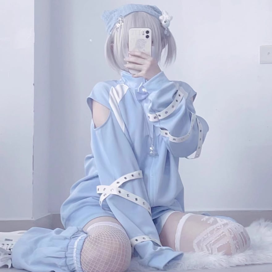 With U ゴスロリ系 天使界隈 水色界隈 オフショルダー ボウタイ
