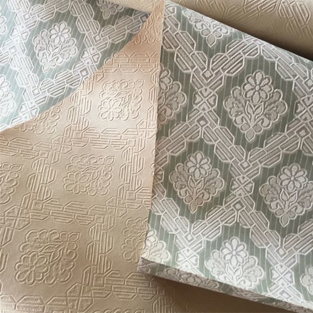 70s フランス 甘い寓話の壁紙 幾何学の凹凸花とグリーン ウォールペーパー ヴィンテージ