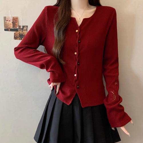 カットワークデザインリブニットトップス ・74005