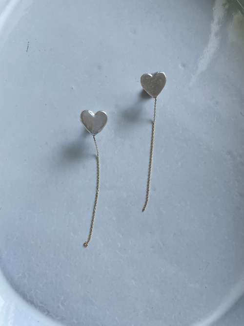 【K18YG】heart freshwater pearl chain stud pierce / single