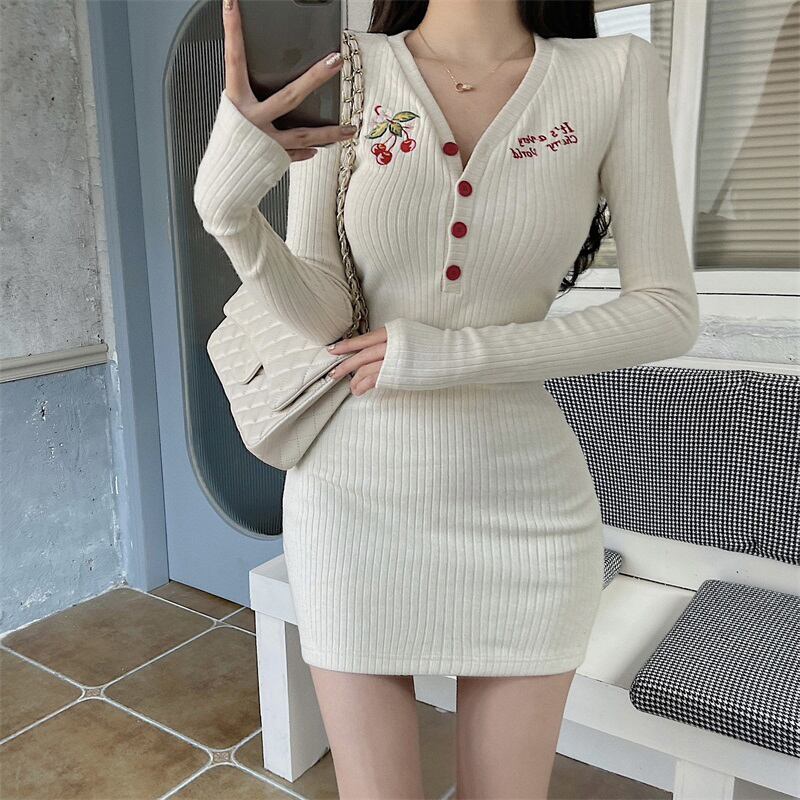 ニットドレス ウェストショートスカート スプリングスリム ロング 春物 ブラックストロベリース11050932816