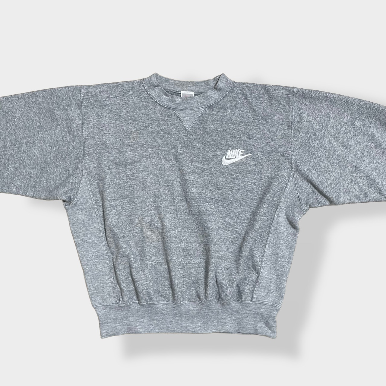 【NIKE】90s 日本製 銀タグ 刺繍 ロゴ スウェット トレーナー プルオーバー 極太アーム 長めリブ 脇リブ グレー L ナイキ オールド ビンテージ US古着