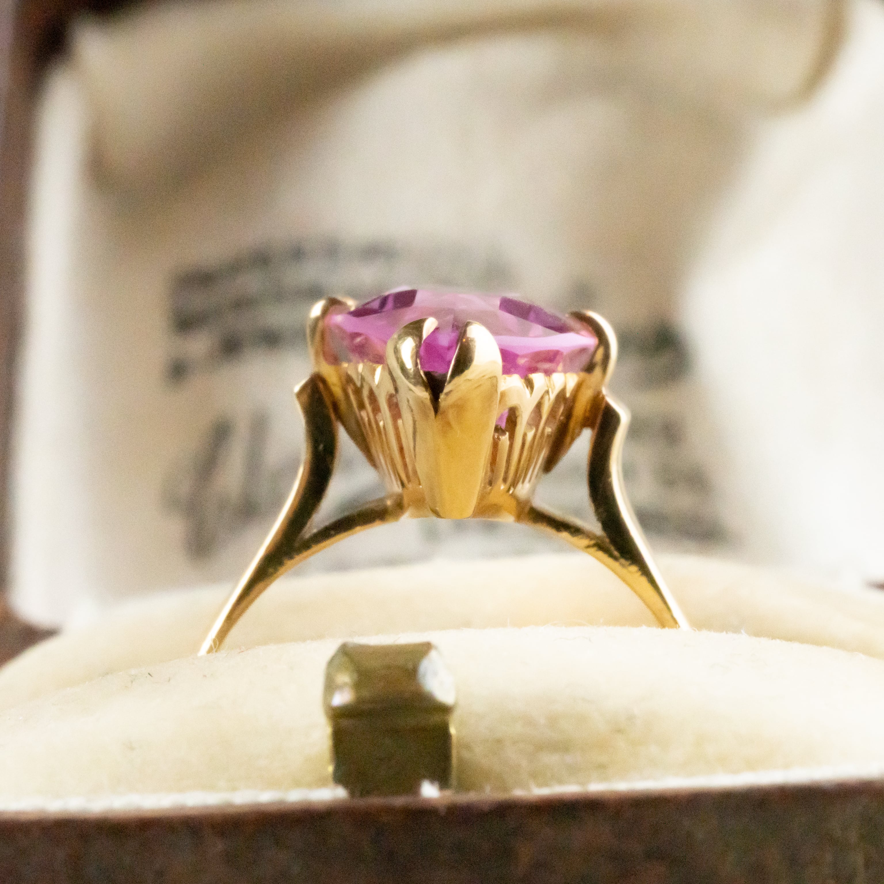 vintage昭和レトロK18合成ルビーピンクサファイア王冠透かしリング12号