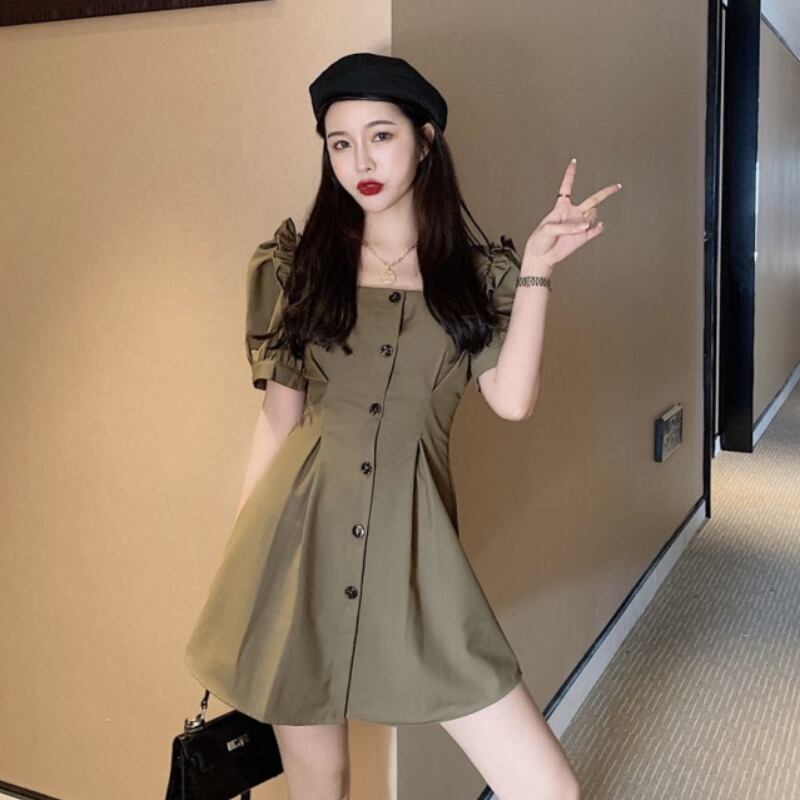 サマースタンダードハイウェストウェストカラーAラインドレス レトロ 夏物 スクウェア ハンチェンe9390657847