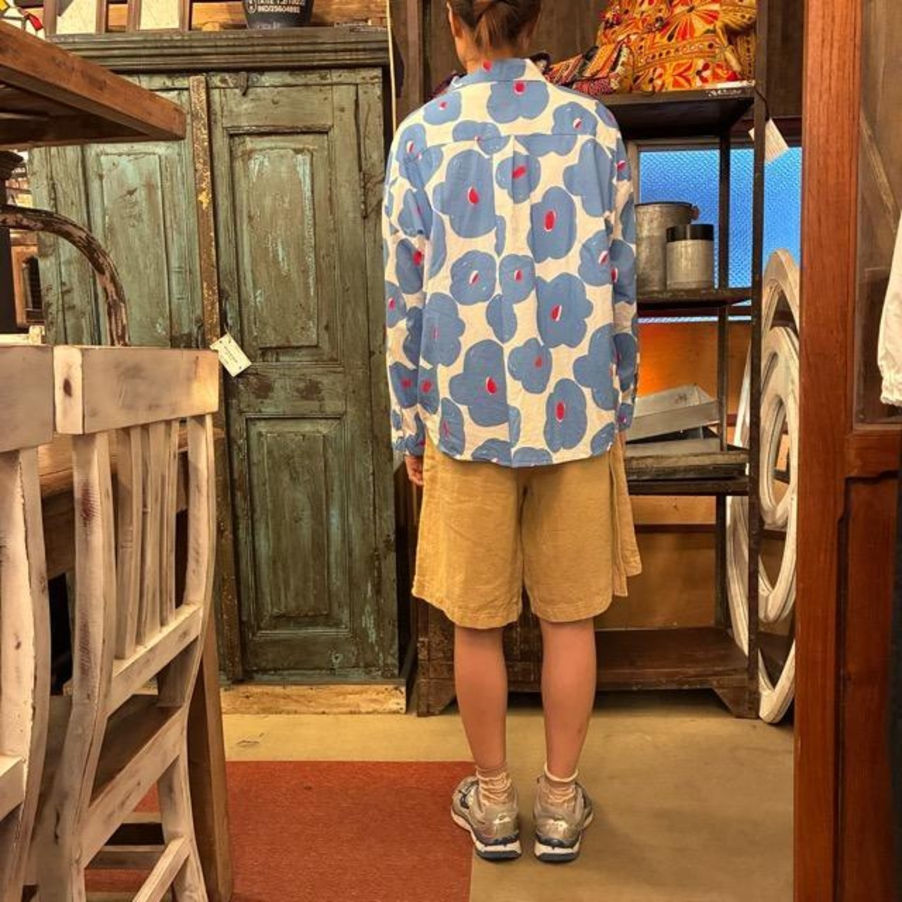 TOPANGA Lady's Nordic Flower Loose Fit Shirt　ノルディックフラワールーズフィットシャツ　ホワイト×ブルー　長袖　丸襟　ブラウス　花柄　
