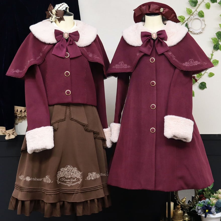 ロリィタ クラロリ ケープ付 ロングコート 刺繍 ファー 襟 刺繍