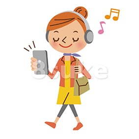 イラスト素材:スマートフォンで音楽を聴く私服姿の女性(ベクター・JPG)