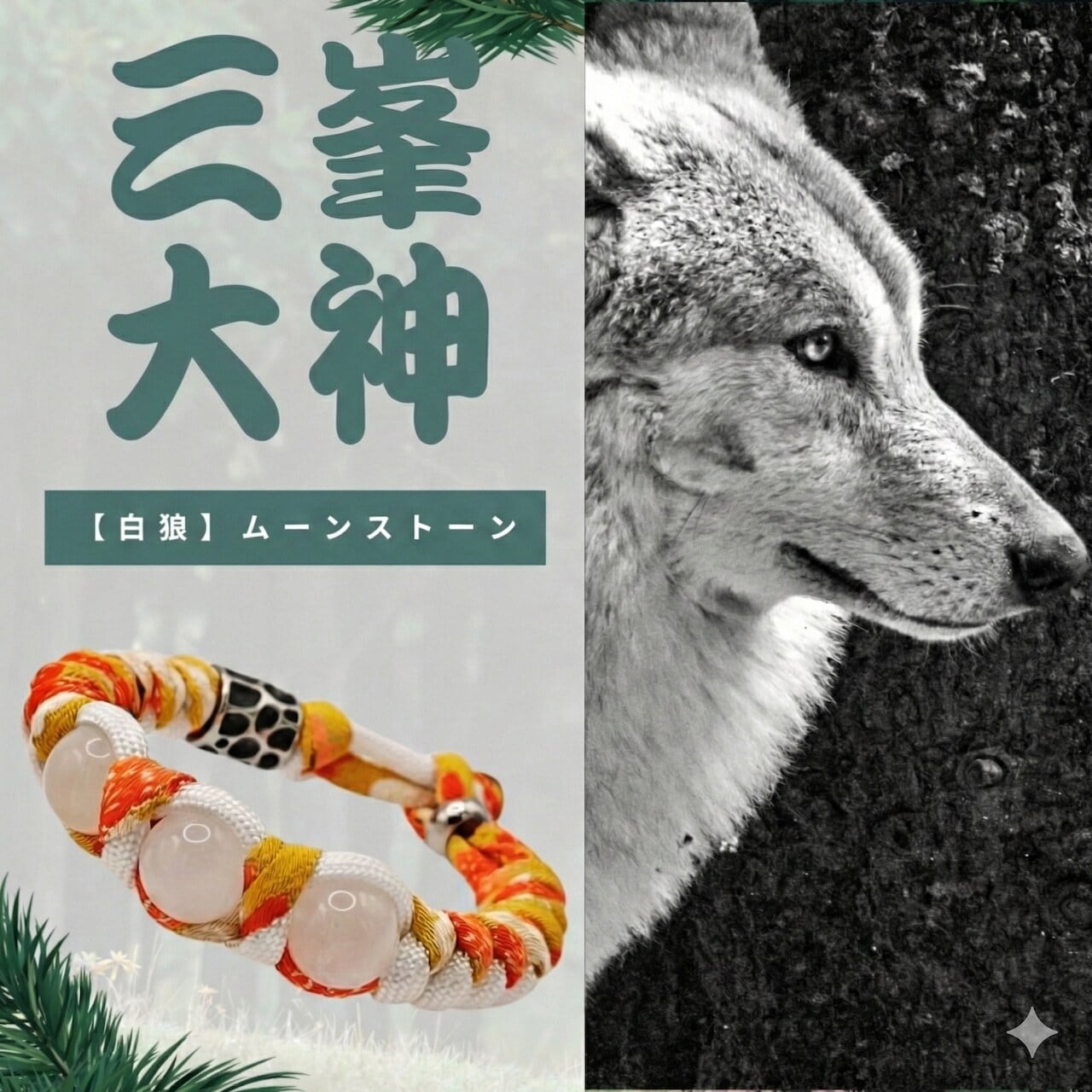 三峯大神【白狼の守り】神域の結界ブレスレット 大粒12mmムーン