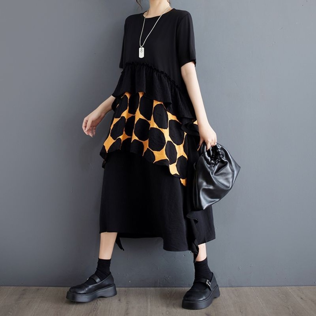 ドット柄 切替 アシンメントリーワンピース  30008