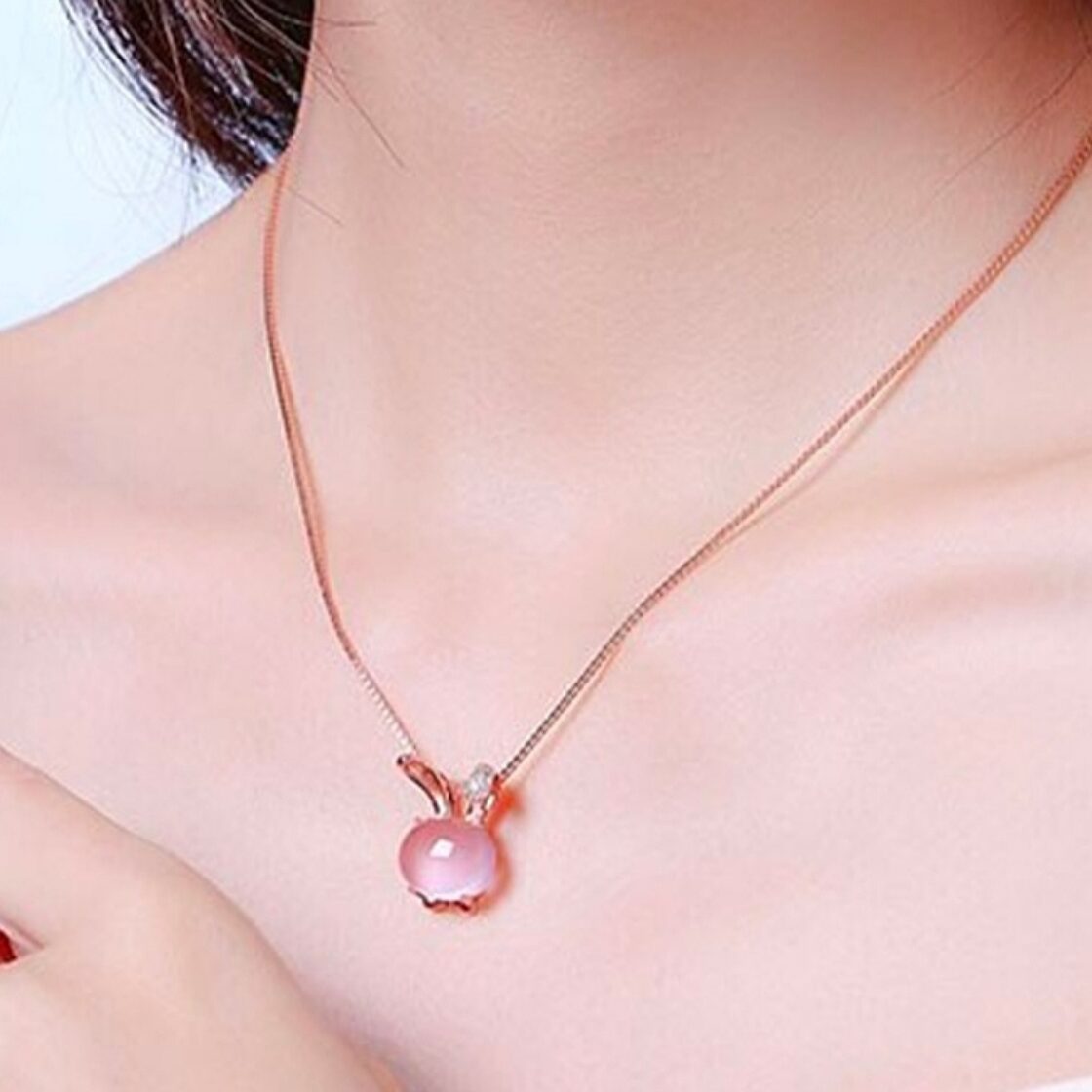 ピンクオパールネックレスネコウサギデザインキュービックジルコニアCZ 