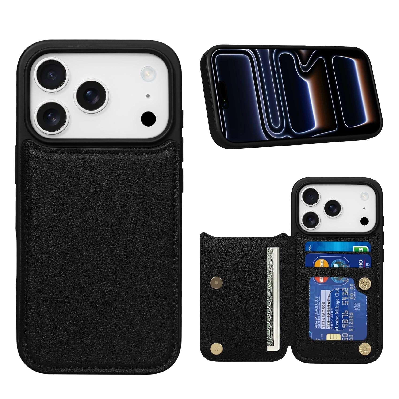 Shlybaay iPhone 18 Pro/17 Pro 用 背面 手帳型ケース ICカード収納 スマホケース ブラック
