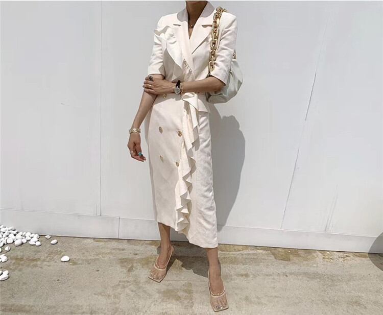 ワンビース ロングスカート フリル Vネック 快適 ダブルボタン スリムフィット