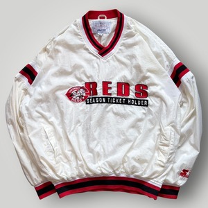 【90s】STARTER MLB シンシナティ・レッズ ナイロン プルオーバージャケット メンズ XL 白/赤 ロゴ 刺繍 VINTAGE スターター 限定 レア