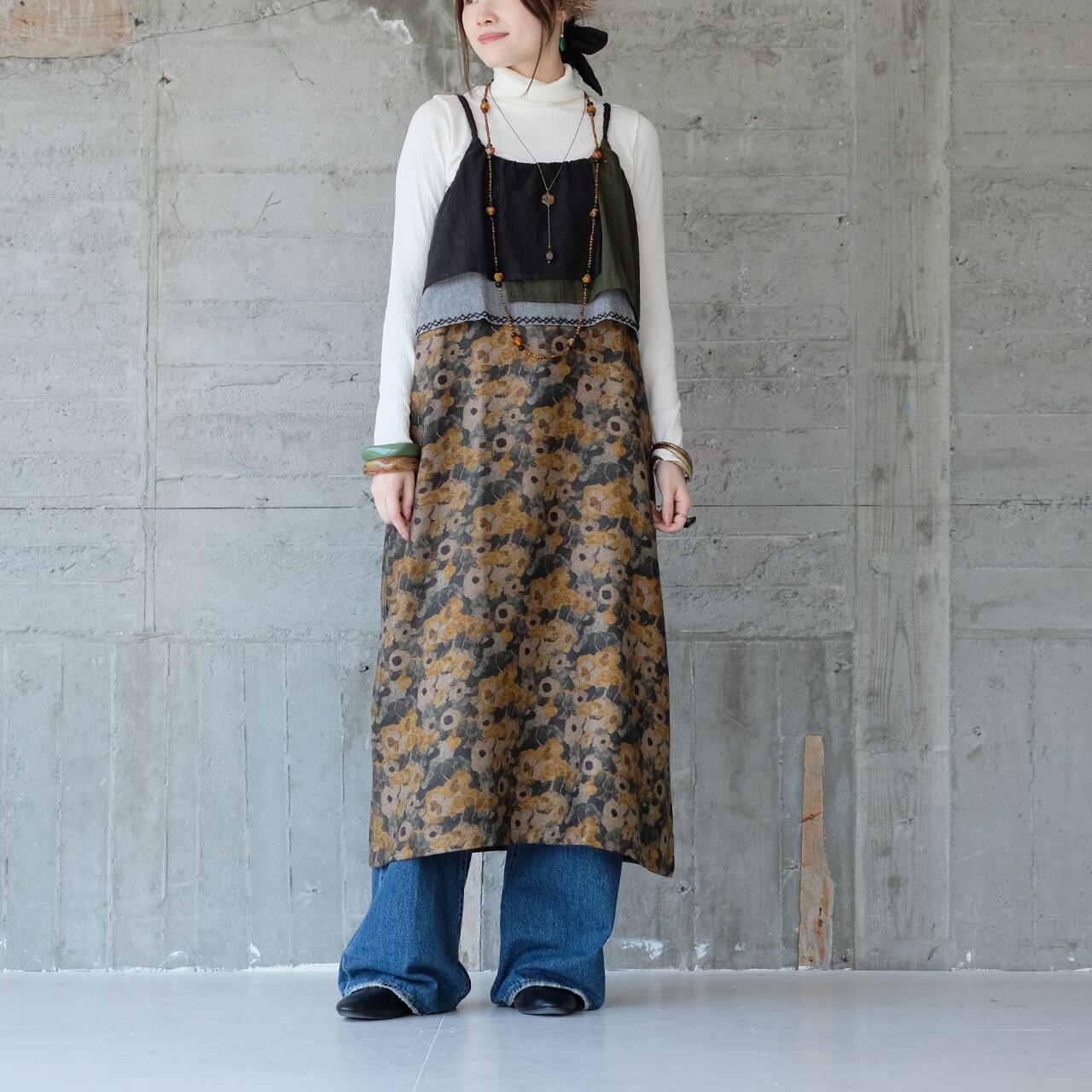 ゴブラン風♪ノスタルジック花柄レイヤードキャミワンピース (24w-04)マスタード