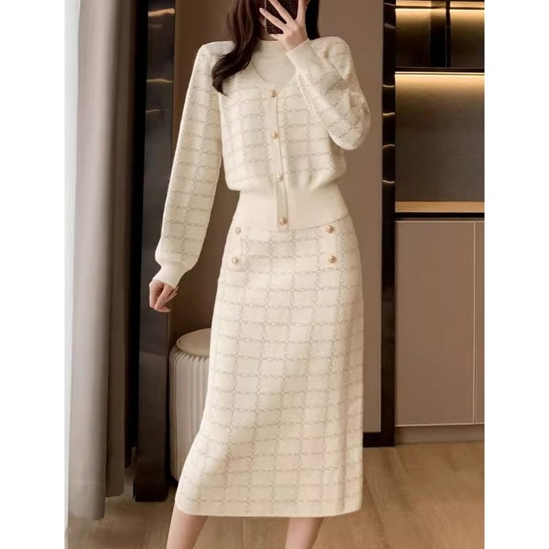 Knit Cardigan Midi Skirt Setup(2color) v287