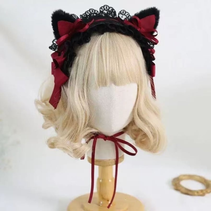 【地雷系 ロリィタ】猫耳リボン レース ヘアドレス