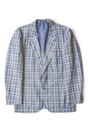 90's "Yves Saint Laurent" Pastel Blue Madras Check Pattern Wool Blend 2B Tailored Jacket Made in FRANCE