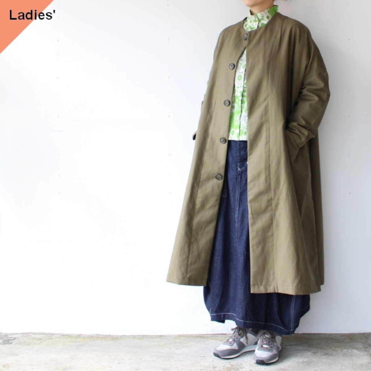 SETTO コットンリネンノーカラーコート PORTE COAT （Khaki） | C  