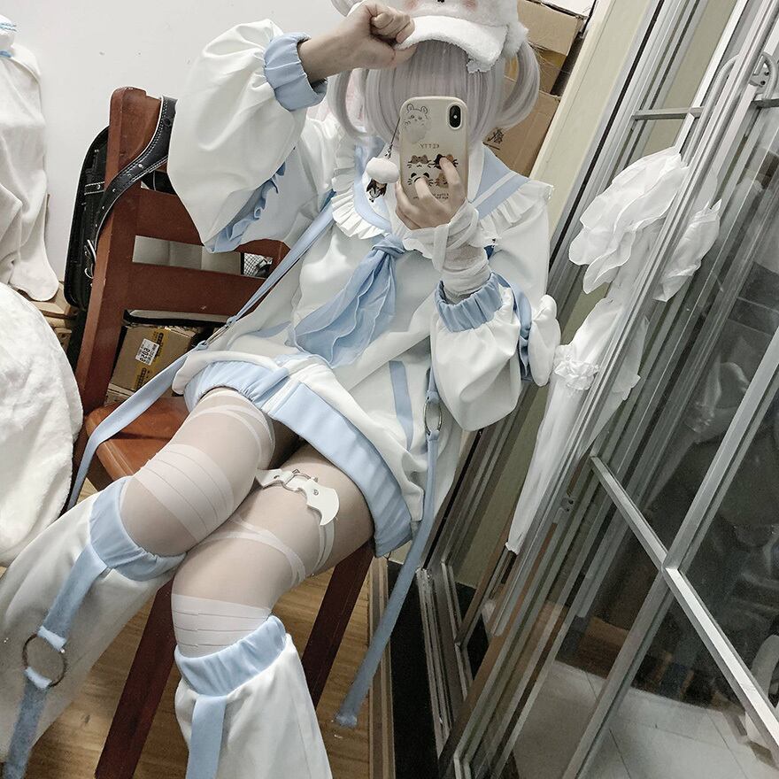 サブカル天使界隈ジャージセット白水色フリル袖レッグカバー付きライブ
