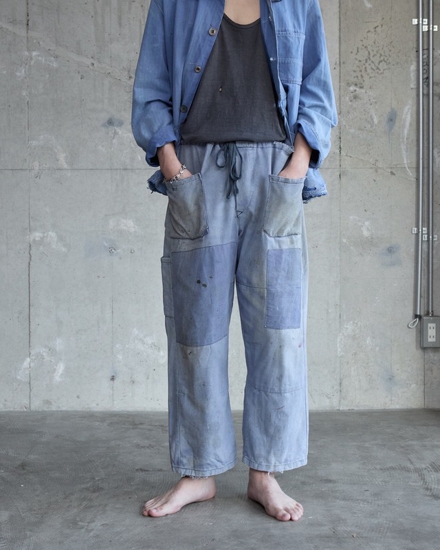 old french cotton twill easy work pants / artistic repairs / good sun faded blue